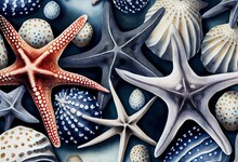 Marine Watercolor Seamless Pattern With Starfishes. Generative AI