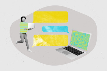 Poster - Creative photo template collage of young teenager girl communicating with friends internet chatting computer display isolated on grey background