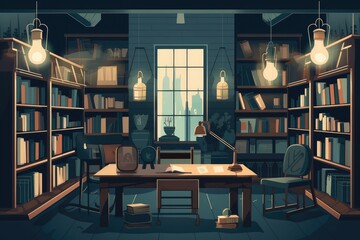 Desk in office or library, books on shelves, cozy chairs. Generative AI