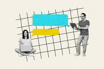 Aufkleber - Creative collage portrait of two black white gamma people use netbook chatting dialogue bubble ukraine news isolated on drawing grey background