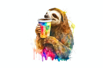 Sticker - sloth drinking coffee painted with watercolors isolated on white background. AI generation