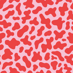 Howdy Valentines Day Cow spots skin print vector seamless pattern. Farm animal abstract red pink background. Wild west Dalmatian print.