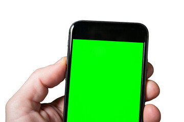 Smartphone mockup with green screen display. Hand with smartphone. A man holding a mobile phone isolated on transparent background