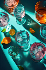 Wall Mural - Overhead shot of a refreshing gin and tonic drink with sunlight and shadows. Generative ai