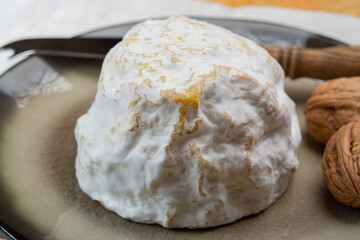 Cheese collection, soft cow French cheese with mold Gaperon artisanal lavored with cracked peppercorns and garlic produced in Auvergne