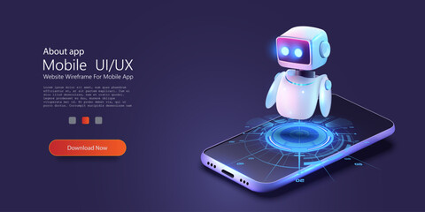 Fototapete - Cute neon cartoon robot. AI Content Generator. Chatbot technology, isometric. Technology and engineering. AI chat bot based on artificial intelligence and neural networks. Online training banner.