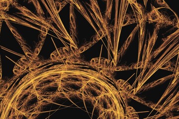 Wall Mural - Orange pattern of crooked waves on a black background. Abstract fractal 3D rendering