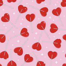 St Valentine Day Heart Shaped Lollipop Vector Seamless Pattern. Sweet Valentine Candy Background. Red Pink Aesthetics Love Sweets And Treats Surface Design For 14 February Holiday.