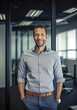© Steffen Kögler - Business man in shirt stands in modern office and smiles at camera - theme success, career or starting a business - Generative AI