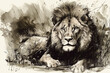 Hand drawn lion in his natural habitat. Ink illustration. Generative AI