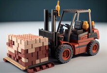 3d Rendering Of An Electric Forklift With Pallet Of Bricks With Construction Tools On White Background With Shadow. Generative AI