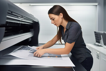 Woman worker creating visual solutions for digital and print media. Shot of woman designer during production on vinyl banner. Generative AI.