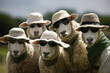 Lustige Herde Schafe posiert lässig und cool mit Sonnenbrillen und Hüten auf der Weide. Ein ungewöhnlicher Moment voller Spaß und Modebewusstsein.