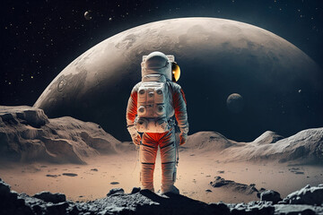 Wall Mural - amazed astronaut on the moon surface watches another planet. space and universe exploration concept.