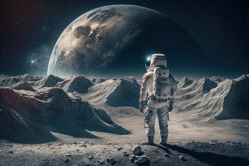 Wall Mural - amazed astronaut on the moon surface watches another planet. space and universe exploration concept.