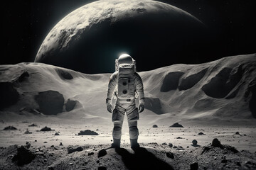 Wall Mural - amazed astronaut on the moon surface watches another planet. space and universe exploration concept.