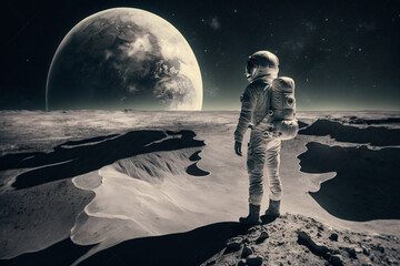 Wall Mural - amazed astronaut on the moon surface watches another planet. space and universe exploration concept.