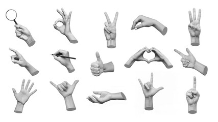 collection of 3d hands showing gestures ok, peace, thumb up, point to object, shaka, rock, holding m