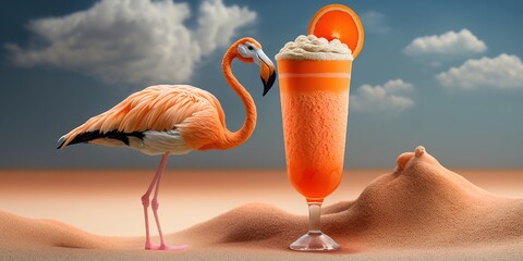 Sticker - Toy flamingo and orange drink on the beach. Generative AI
