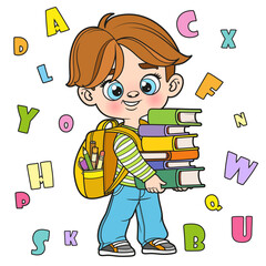 Poster - Cute cartoon boy holding large stack of books color variation for coloring page on a white background