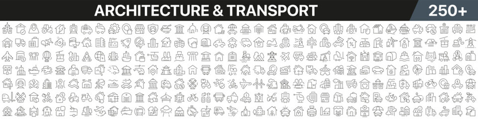 architecture and transport linear icons collection. big set of more 250 thin line icons in black. ar
