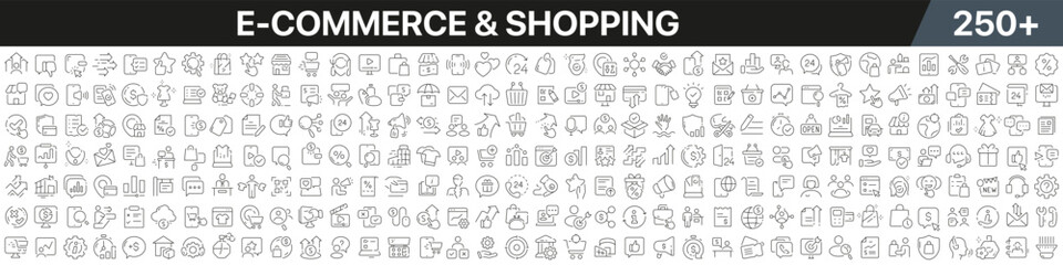 Leinwandbilder - E-commerce and shopping linear icons collection. Big set of more 250 thin line icons in black. E-commerce and shopping black icons. Vector illustration
