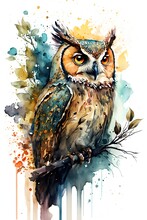 Brown Owl Watercolor Illustration. Small Wild Nature Bird Sketch Sitting On A Branch. Watercolor Drawing. Isolated On White Background. AI Generated