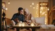  happy malay couple muslim watching online content via smartphone. Both of them sitting on the sofa in the house with cinematic lighting.