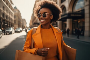 Wall Mural - Happy luxury African woman travel shopping in urban city, vibrant, fashion, contemporary, lifestyle, generative AI