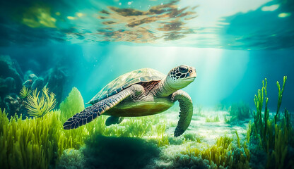 Wall Mural - turtle life in the coral reef, animals of the underwater sea world, Generative AI