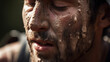 © Syntetic Dreams - Tired hiker portrait of a men traveler, with a beard. Face covered in sweat and dirt, survivor concept