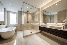 Sleek Cream Marble Bathroom with Glass Shower and Heated Floors