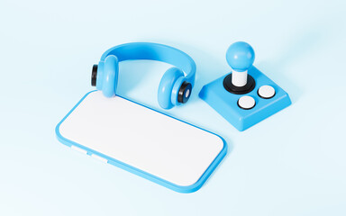 Wall Mural - Cartoon game control stick and headset in the blue background, 3d rendering.