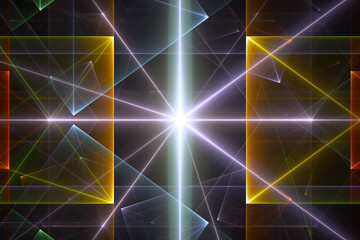 Wall Mural - Purple orange glowing pattern of curved shapes and rays on a black background. Abstract fractal 3D rendering