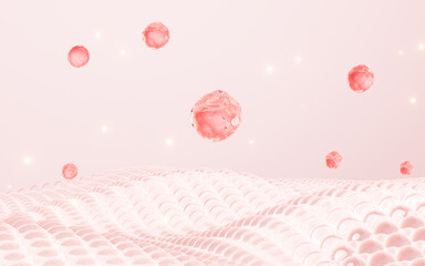 Wall Mural - Cells floating on the skin, skin care and treatment, biology and medicine concept, 3d rendering.