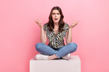 Sticker - Full body photo of unsatisfied mad lady sit podium raise hands communicate fight isolated on pink color background