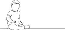 Continuous Single Line Drawing Of Toddler In Onesie Sitting On Floor, Line Art Vector Illustration