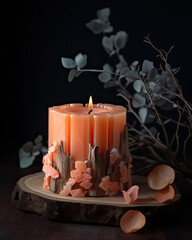 Poster - orange, pink candle, branches, leaves. Generative AI image.