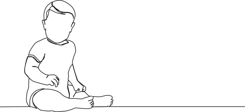 continuous single line drawing of toddler in onesie sitting on floor, line art vector illustration