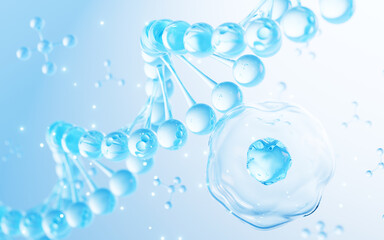 Wall Mural - Floating cells and DNA in the blue background, skin treatment, aesthetic medicine concept, 3d rendering.