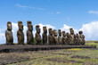 15 moai statues facing inland at Ahu Tongariki in Rapa Nui National Park on Easter Island (Rapa Nui), Chile. The Ahu Tongariki is the largest ahu on Easter Island.  

