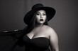 © Snapshooter - Black and white picture of a Beautiful fictional plus-size model wearing a black hat portrait. Body positivity and diversity. Generative AI
