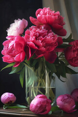 Wall Mural - bouquet of pink peonies in glass vase on dark background