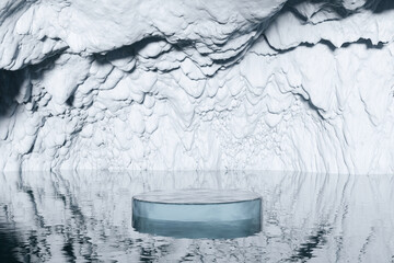 Wall Mural - Abstact 3d render winter scene and Natural podium background, Ice podium on the water in the snow cave for product display advertising or etc