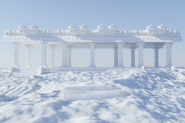 Wall Mural - abstact 3d render winter scene and natural background, ice podium on the snow ground backdrop white 
