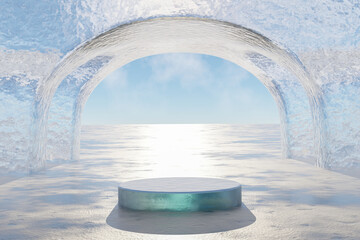 Wall Mural - Abstact 3d render winter scene and Natural background, ice podium on the snow ground with ice arch door backdrop sky and cloud for product display, advertising or etc