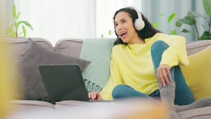 Poster - Video call, woman and wave on a sofa in living room with happiness and communication at home. Computer talk, headphones and happy young female with a smile from web and pc conversation in a house