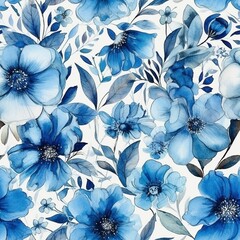  Blue pastel watercolor flowers seamless pattern, created with generative AI