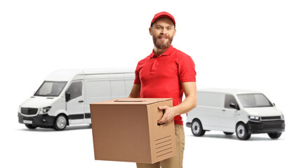 Poster - Delivery man with white vans carrying a cardboard box