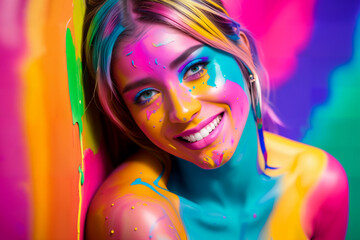 Naked smiling woman in creative bright colorful body art with decorative makeup made of colored paint with hair. Background painted abstractly with colored paint. Generative AI.